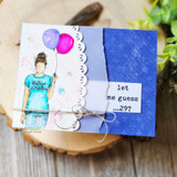 Card of the girl with balloons and 'let me guess...29?'