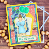Bright layered card of the girl with balloons and 'It's my party.'