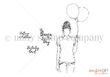Red rubber stamp sheet with a line-drawn girl seen from behind in a t-shirt and topknot holding two balloons, beside script sentiments reading 'Queen for the day', 'Vintage & Fabulous' and 'Birthday girl'.