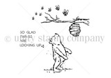 Red rubber Winnie the Pooh gazing up at a hanging beehive with bees, and 'So glad things are looking up'