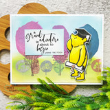 White card with graduate Pooh beside a pastel heart and tree scene, sentiment stamped above.