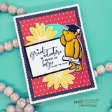 Bright teal card with a red polka-dot panel, yellow flower and graduate Pooh with the grand adventure sentiment.