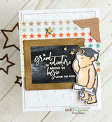 Kraft and white card with graduate Pooh on a chalkboard-style panel, gold stars and stitched banner.