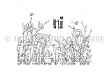 Wildflower Critters red rubber stamp sheet: little foxes hidden in a wide band of wildflowers with a small 'hi' sentiment.