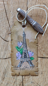 Muslin bag project stamped with the Eiffel Tower and magnolias.
