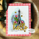 Bright card of the Eiffel Tower with pink tulips on gingham with "hello."