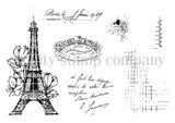 Line-art red rubber stamp of a vintage Eiffel Tower with a French label, script and grunge grid elements.