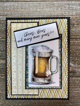 A tall frothy mug of beer stamped in red rubber and colored on a handmade card reading "I'm beer for you."