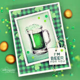 A tall frothy mug of beer hand-stamped on a card and lettered "Cheers, beers and many more years."