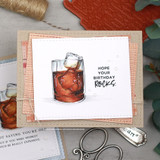 Layered card with the whiskey glass and "Hope your birthday rocks"