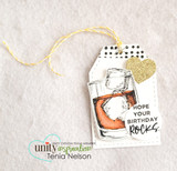 Kraft tag card with the whiskey glass, "Hope your birthday rocks," a gold heart