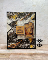 Card with the whiskey glass on a metallic black background and "Hope your birthday rocks"
