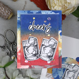 Blue card with two whiskey glasses and "cheers"
