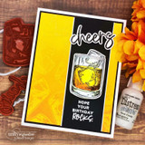 Yellow and black card with the whiskey glass and "cheers, Hope your birthday rocks"
