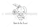 Red rubber stamp set of a sweet bunny holding a flower with 'born to be loved.'