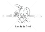Red rubber stamp set of a sweet bunny holding a flower with 'born to be loved.'