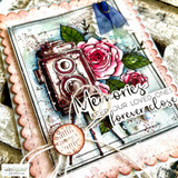 Layered card with the camera and pink roses over a distressed teal and cream background, with the forever-close sentiment on a die-cut word.