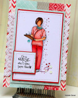 Card of the nurse colored in red and teal scrubs over patterned paper with a nurse super-power sentiment.