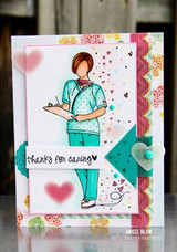 Card of the nurse in teal scrubs with a "thanks for caring" banner and hearts.