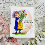Card using the masking stencil to frame a woman with a bouquet and 'I picked these just for you'