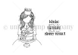 Line-art stamp sheet: Angie Blom's Planner Gal with cake and 'birthday that is simply perfect' itty bitty red rubber stamps, Unity Stamp Co.