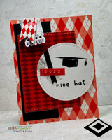 Card on red argyle and black paper with a grey circle holding the grad cap and 'nice hat.' beside a 2023 tag.