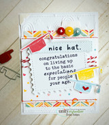 Embossed card with colorful washi, enamel dots and paper grad caps, framing 'nice hat. congratulations on living up to the basic expectations for people your age.'