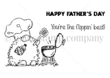 BBQ Gnome red rubber stamp set: a bearded gnome in a chef hat flipping food on a grill, with 'Happy Father's Day' and 'You're the flippin' best' sentiments.