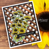 Card of the lattice background with a bouquet of sunflowers, 'LOVE IS PATIENT. LOVE IS KIND.'