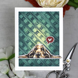 Card of the teal lattice background with a peeking hound dog and a heart.