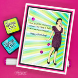 Bright card of the retro woman with 'Your youthful exuberance exhausts me. May it fade with each passing year. Happy Birthday!'