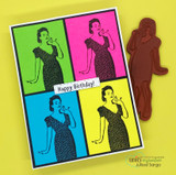 Pop-art four-panel card of the retro woman with 'Happy Birthday!'