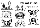 Black-and-white stamp set layout of peeking puppies with "Hot diggity dog!" and "You did it!"