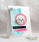 White card with a colored peeking puppy in a pink circle and "Doggone, you just got so much happier," "you did it"