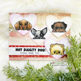 Card with several peeking puppies in heart frames and "Hot diggity dog! You did it!"