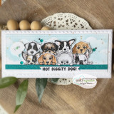 Slimline card with a row of peeking puppies on a doily and "Hot diggity dog!"