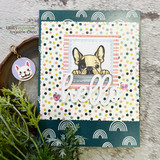 Card with a peeking French bulldog on rainbow dot paper and "hello"