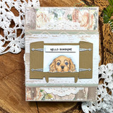 Card with a peeking puppy on kraft and lace papers and "Hello sunshine"