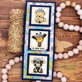 Handmade card with three darling baby animals - a giraffe, a teddy bear and a fuzzy Highland cow calf - softly colored with a tiny floral swag, sentiment 'Hi there cutie'.