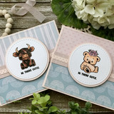 Handmade card with three darling baby animals - a giraffe, a teddy bear and a fuzzy Highland cow calf - softly colored with a tiny floral swag, sentiment 'Hi there cutie'.
