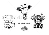 Red rubber stamp sheet with a teddy bear, a patterned giraffe and a small horned calf, beside 'HI THERE CUTIE.'