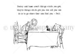 Black-and-white line-art stamp of Winnie the Pooh and Christopher Robin at a small writing table, with the sentiment 'Poetry and hums aren't things which you get, they're things which get you. And all you can do is to go where they can find you - Pooh.'