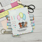 Handmade sample card made with the Pastel Party Parade papers — two dachshunds with balloons and a paw-pun birthday greeting on pastel prints.