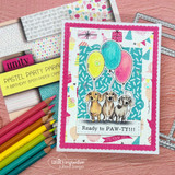 Handmade sample card using the Pastel Party Parade papers — three dachshunds in party hats with balloons on teal and pink papers.