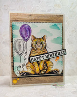 Happy Birthday card of the orange tabby with a purple balloon under stamped clouds.