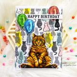 Card of a bright orange tabby over the kitten pattern with "HAPPY BIRTHDAY" balloons.