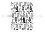 Red rubber stamp sheet made of a dense repeating grid of little patterned cats, designed as a full background stamp.