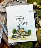 Handmade card featuring the charming country churches and chapels, colored on a soft landscape scene, stamped with 'Grow in grace'.