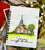 Handmade card featuring the charming country churches and chapels, on a green stitched panel, stamped with 'Wishing you the most beautiful and special day'.