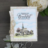 Handmade card featuring the charming country churches and chapels, in muted vintage tones, stamped with 'Sending love & prayers'.
